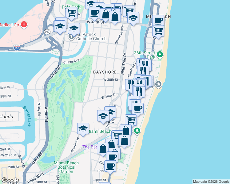 map of restaurants, bars, coffee shops, grocery stores, and more near 319 West 28th Street in Miami Beach
