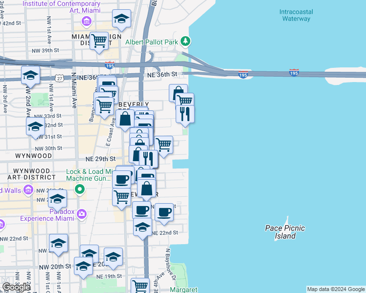 map of restaurants, bars, coffee shops, grocery stores, and more near 711 Northeast 29th Street in Miami