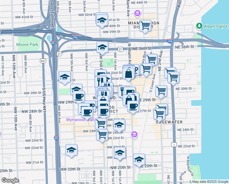 map of restaurants, bars, coffee shops, grocery stores, and more near in Miami