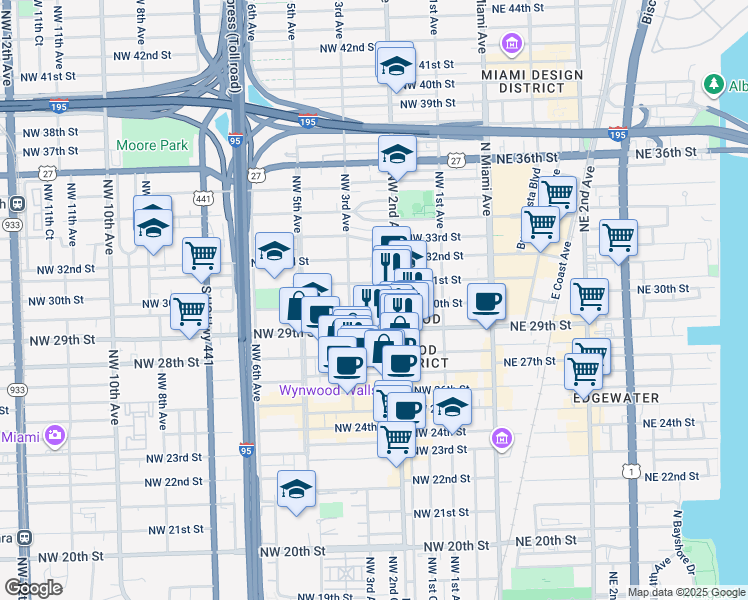 map of restaurants, bars, coffee shops, grocery stores, and more near 251 Northwest 29th Street in Miami