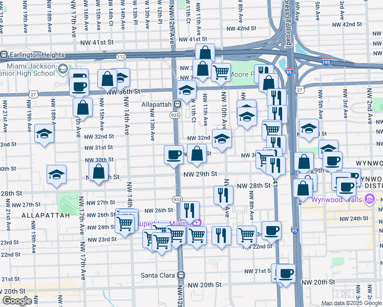 map of restaurants, bars, coffee shops, grocery stores, and more near 1131 Northwest 29th Terrace in Miami