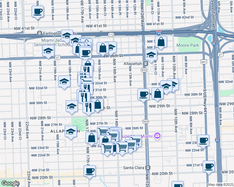 map of restaurants, bars, coffee shops, grocery stores, and more near 1410 Northwest 30th Street in Miami