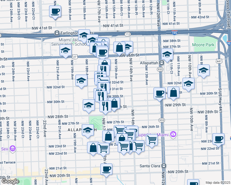 map of restaurants, bars, coffee shops, grocery stores, and more near 2975 Northwest 15th Avenue in Miami