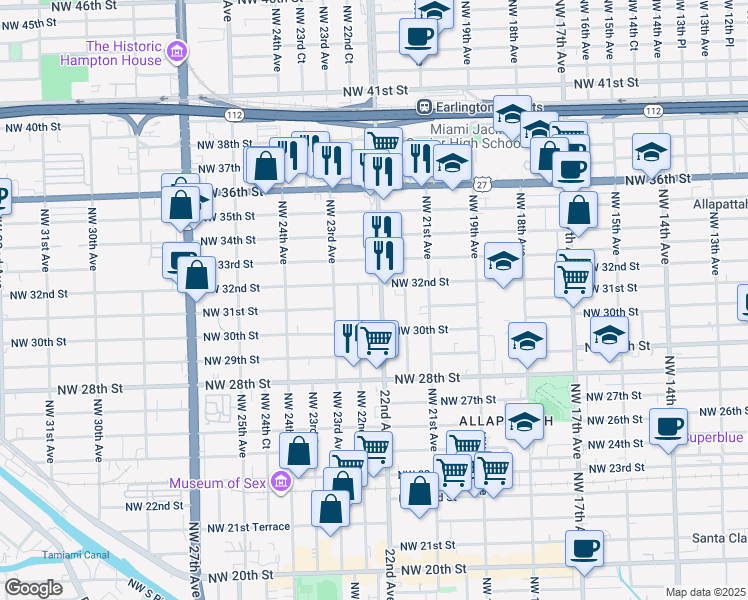 map of restaurants, bars, coffee shops, grocery stores, and more near 3042 Northwest 22nd Avenue in Miami