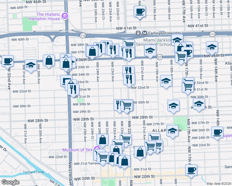 map of restaurants, bars, coffee shops, grocery stores, and more near 3041 Northwest 23rd Avenue in Miami