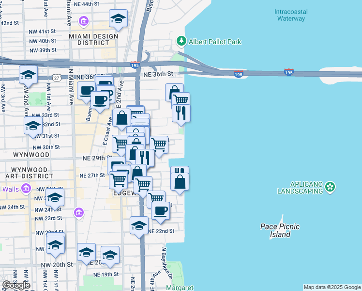 map of restaurants, bars, coffee shops, grocery stores, and more near 711 Northeast 29th Street in Miami