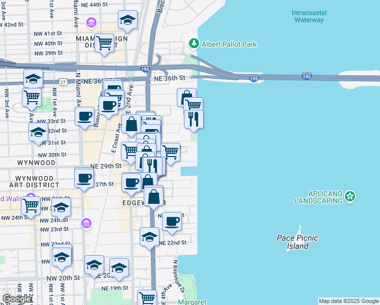 map of restaurants, bars, coffee shops, grocery stores, and more near 711 Northeast 29th Street in Miami