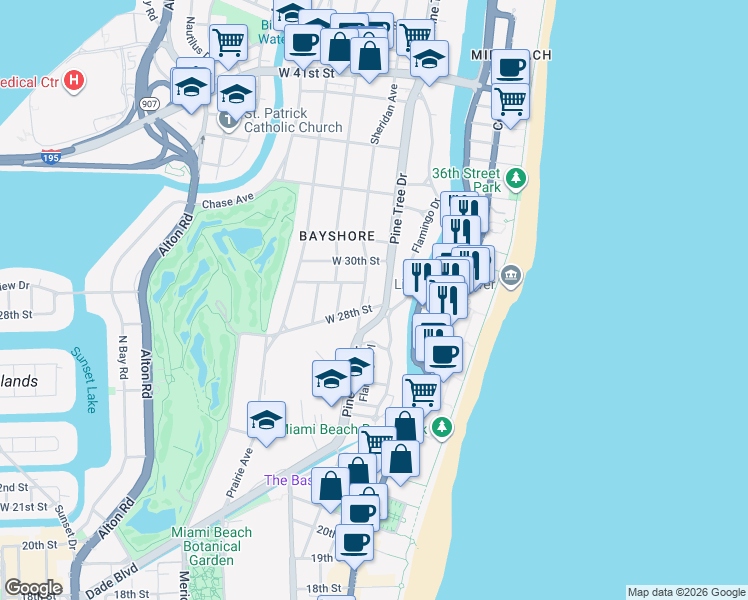 map of restaurants, bars, coffee shops, grocery stores, and more near 319 West 28th Street in Miami Beach