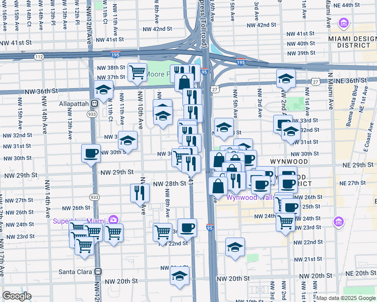 map of restaurants, bars, coffee shops, grocery stores, and more near 720 Northwest 30th Street in Miami