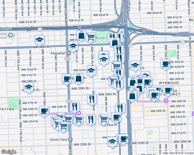 map of restaurants, bars, coffee shops, grocery stores, and more near 919 Northwest 29th Terrace in Miami