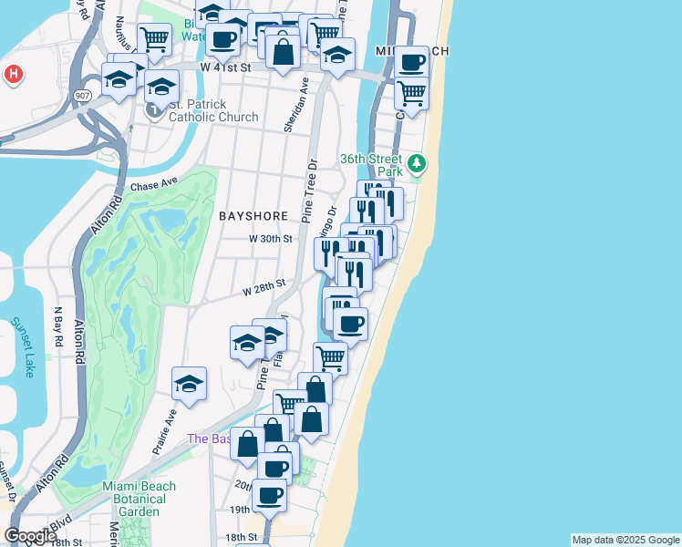 map of restaurants, bars, coffee shops, grocery stores, and more near 2800 Florida A1A in Miami Beach