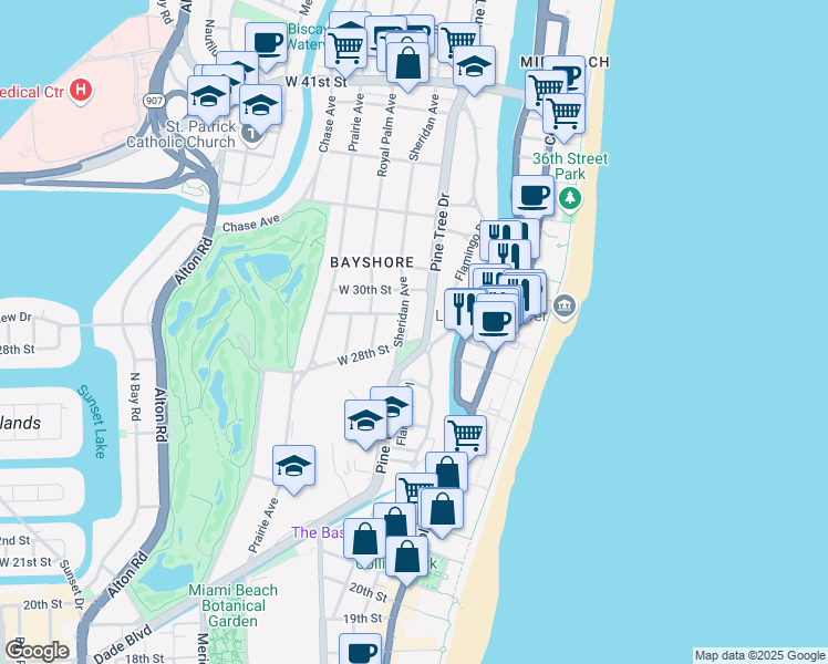 map of restaurants, bars, coffee shops, grocery stores, and more near 319 West 28th Street in Miami Beach