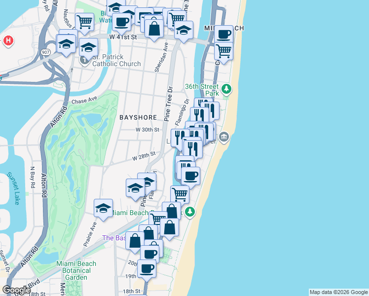 map of restaurants, bars, coffee shops, grocery stores, and more near in Miami Beach