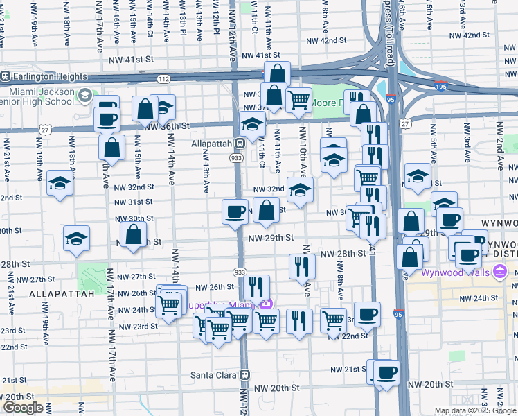 map of restaurants, bars, coffee shops, grocery stores, and more near 1131 Northwest 29th Terrace in Miami