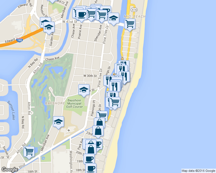map of restaurants, bars, coffee shops, grocery stores, and more near 2727 Indian Creek Drive in Miami Beach