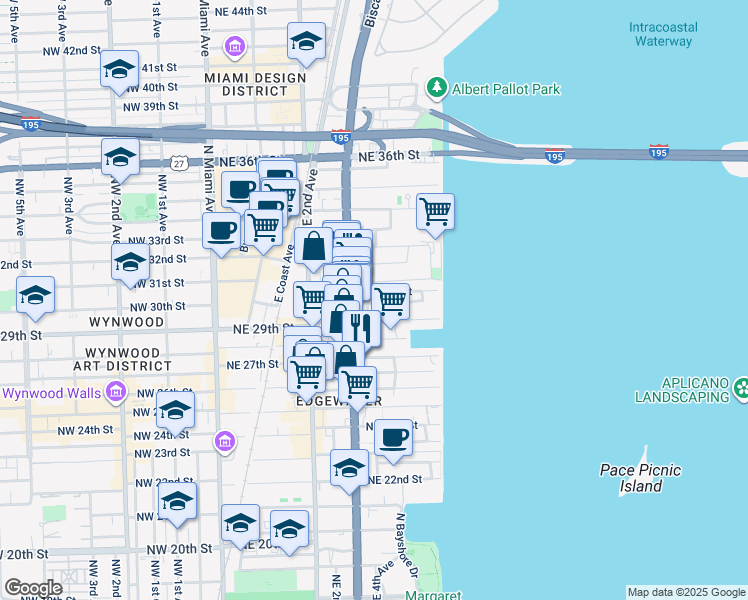 map of restaurants, bars, coffee shops, grocery stores, and more near 401 Northeast 29th Street in Miami