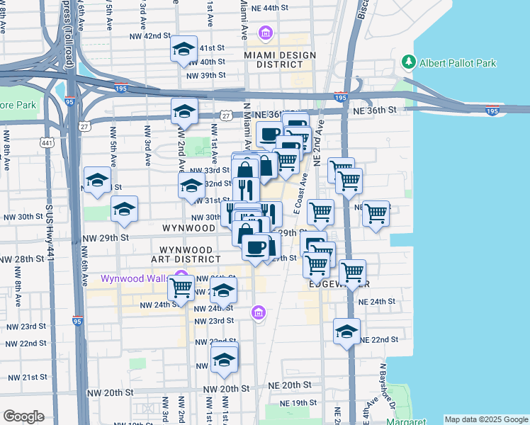 map of restaurants, bars, coffee shops, grocery stores, and more near 29 Northeast 29th Street in Miami