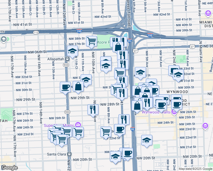 map of restaurants, bars, coffee shops, grocery stores, and more near 797 Northwest 29th Terrace in Miami