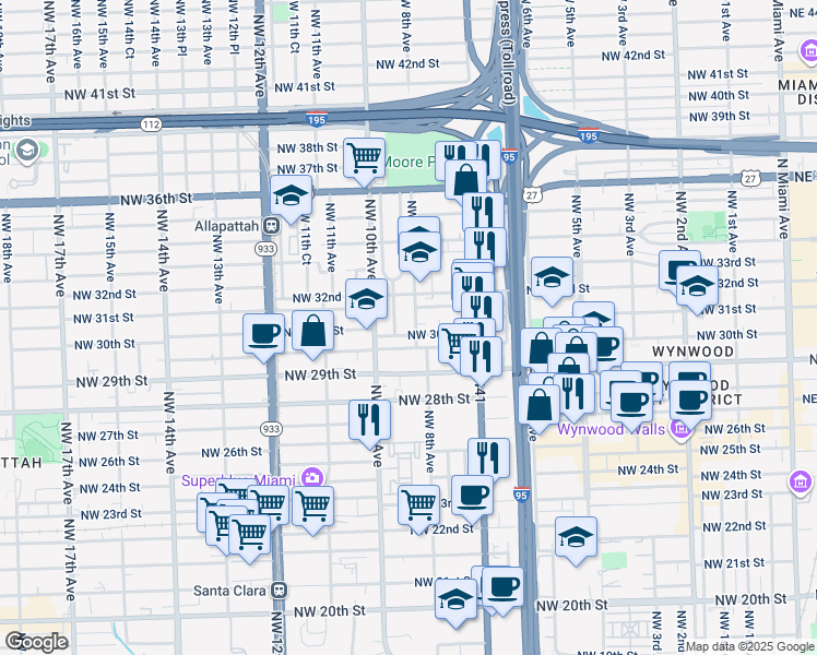 map of restaurants, bars, coffee shops, grocery stores, and more near 797 Northwest 29th Terrace in Miami