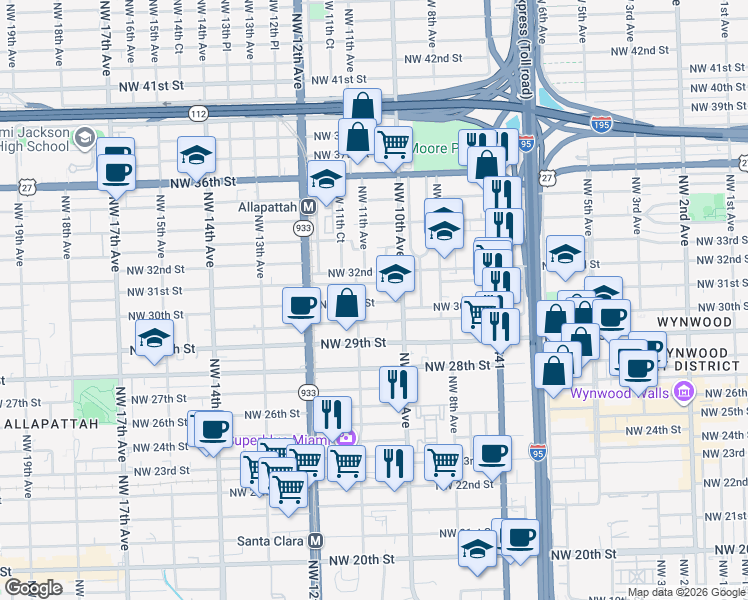 map of restaurants, bars, coffee shops, grocery stores, and more near 1051 Northwest 29th Terrace in Miami