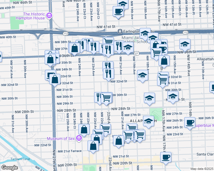 map of restaurants, bars, coffee shops, grocery stores, and more near 3042 Northwest 22nd Avenue in Miami