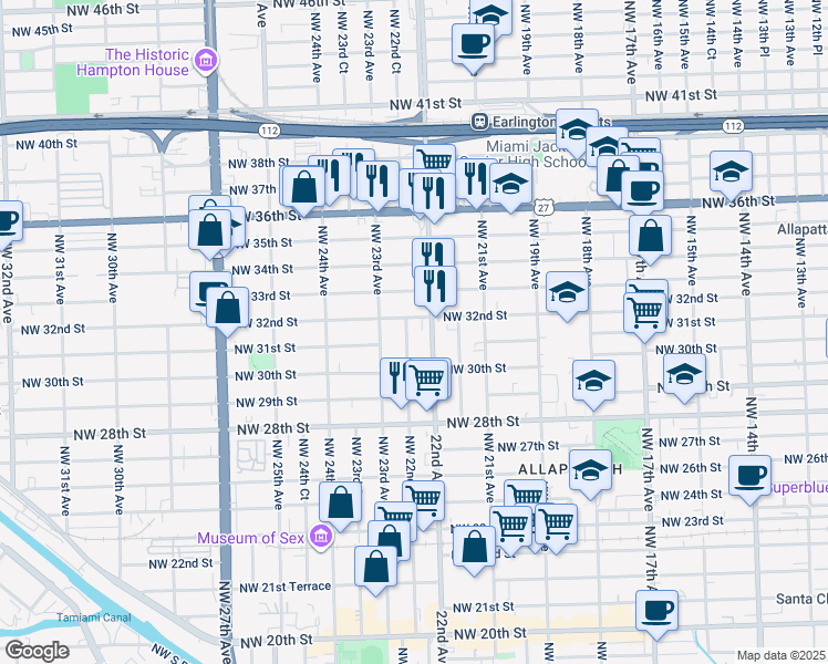 map of restaurants, bars, coffee shops, grocery stores, and more near 3042 Northwest 22nd Avenue in Miami