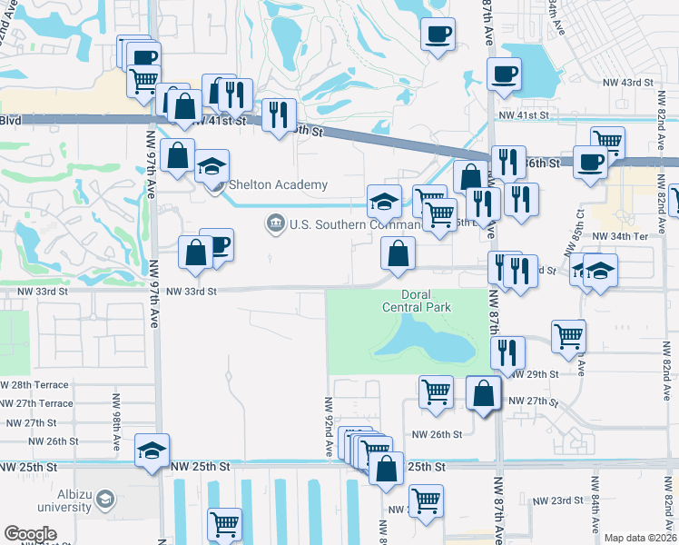 map of restaurants, bars, coffee shops, grocery stores, and more near 9109 Northwest 33rd Street in Doral