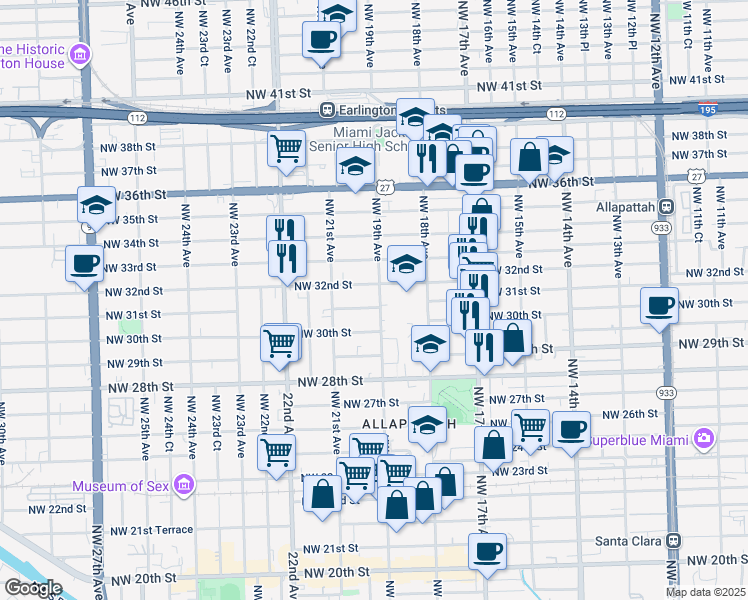 map of restaurants, bars, coffee shops, grocery stores, and more near 3031 Northwest 19th Avenue in Miami