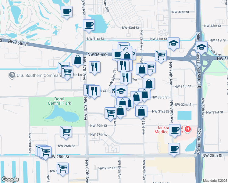 map of restaurants, bars, coffee shops, grocery stores, and more near 8412 Northwest 33rd Street in Doral