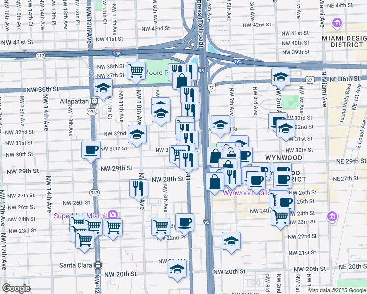 map of restaurants, bars, coffee shops, grocery stores, and more near 720 Northwest 30th Street in Miami