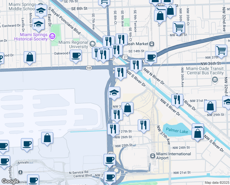 map of restaurants, bars, coffee shops, grocery stores, and more near 3401 S Le Jeune Rd in Miami