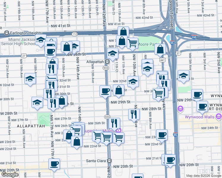 map of restaurants, bars, coffee shops, grocery stores, and more near 1177 Northwest 30th Street in Miami