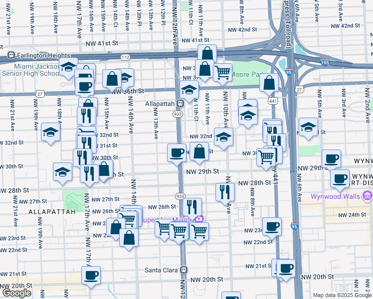 map of restaurants, bars, coffee shops, grocery stores, and more near 2960 Northwest 12th Avenue in Miami