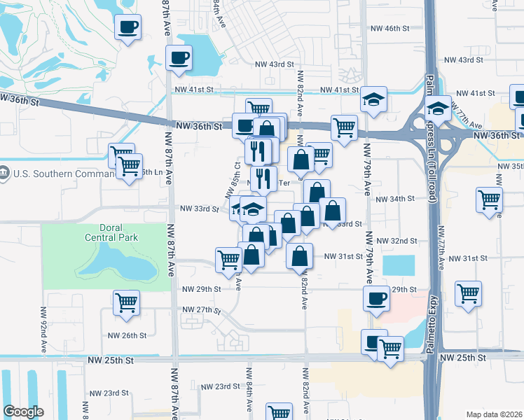 map of restaurants, bars, coffee shops, grocery stores, and more near 8270 Northwest 33rd Street in Doral