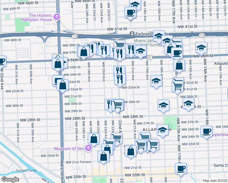 map of restaurants, bars, coffee shops, grocery stores, and more near 3042 Northwest 22nd Avenue in Miami