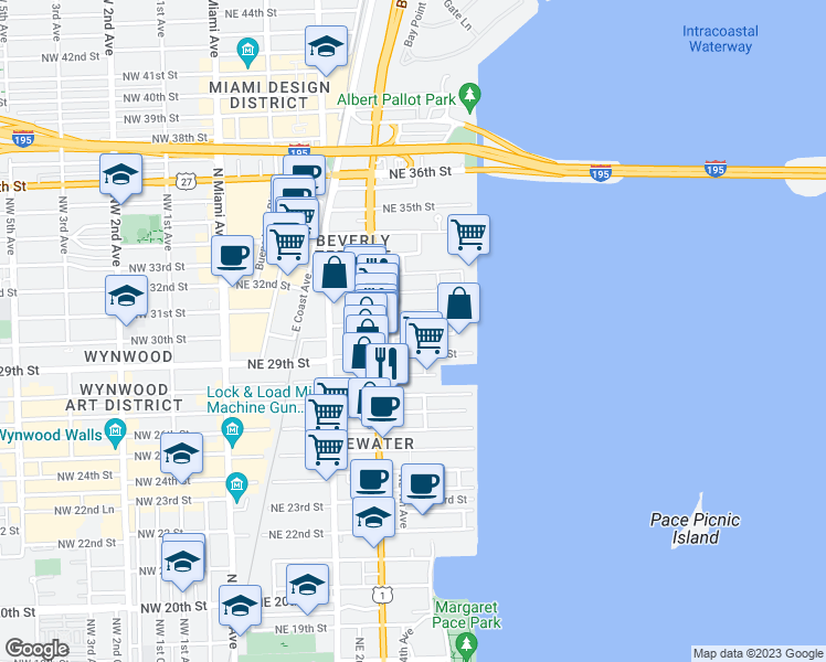 map of restaurants, bars, coffee shops, grocery stores, and more near 401 Northeast 29th Street in Miami