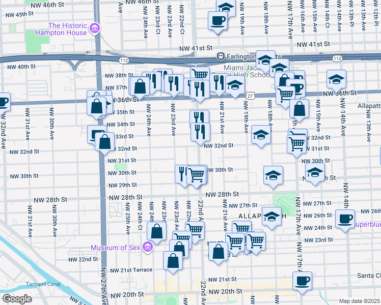 map of restaurants, bars, coffee shops, grocery stores, and more near 3042 Northwest 22nd Avenue in Miami
