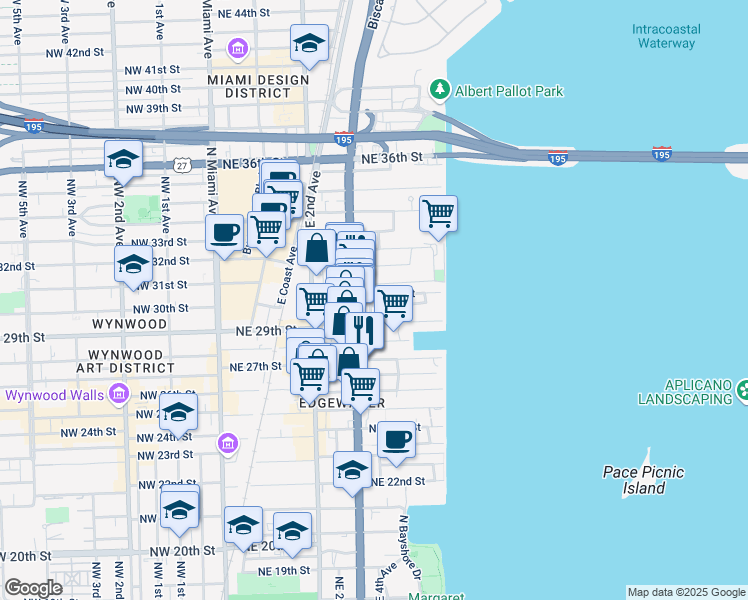 map of restaurants, bars, coffee shops, grocery stores, and more near 401 Northeast 29th Street in Miami