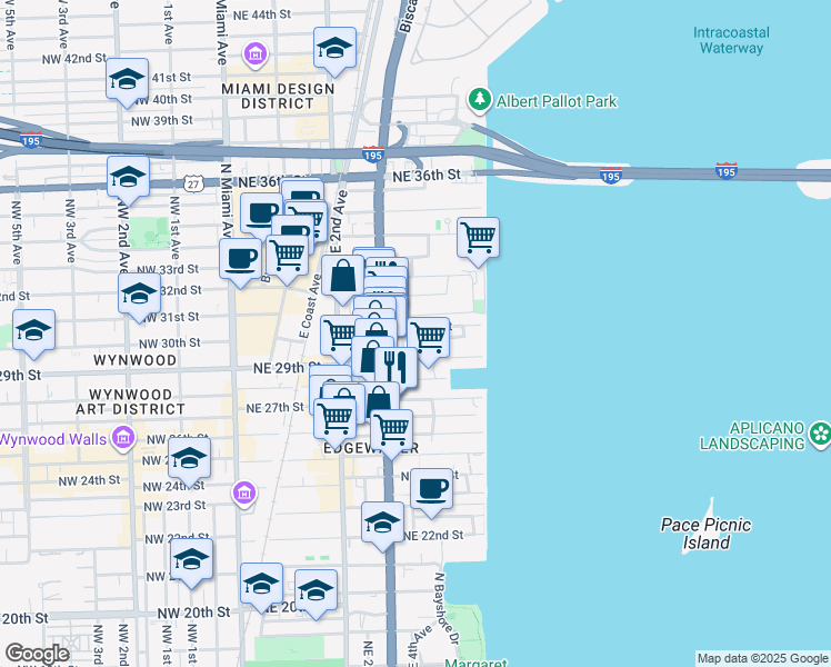 map of restaurants, bars, coffee shops, grocery stores, and more near 401 Northeast 29th Street in Miami