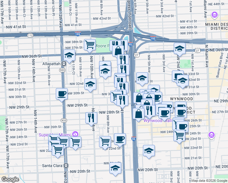 map of restaurants, bars, coffee shops, grocery stores, and more near 720 Northwest 30th Street in Miami