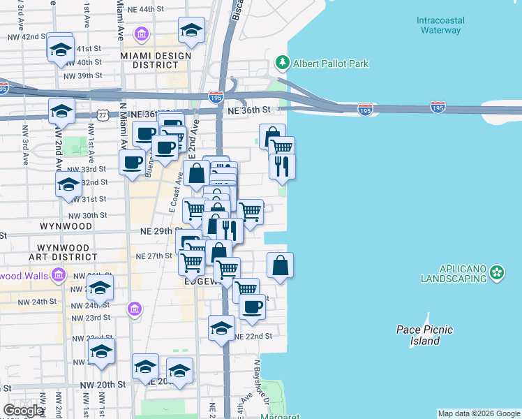 map of restaurants, bars, coffee shops, grocery stores, and more near 485 Northeast 29th Street in Miami