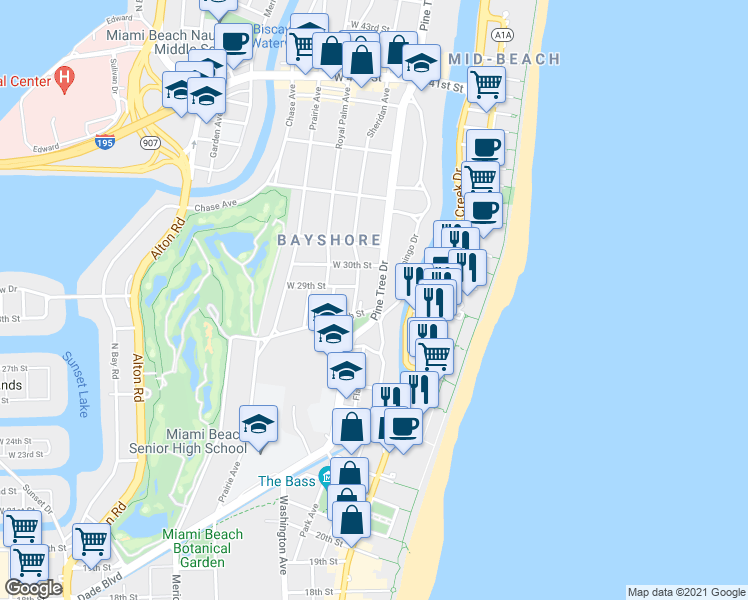 map of restaurants, bars, coffee shops, grocery stores, and more near 319 West 28th Street in Miami Beach