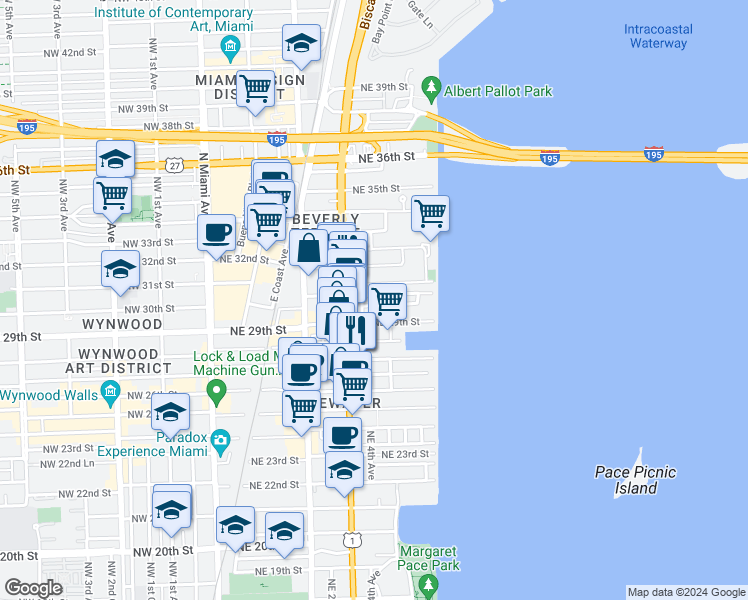 map of restaurants, bars, coffee shops, grocery stores, and more near 401 Northeast 29th Street in Miami