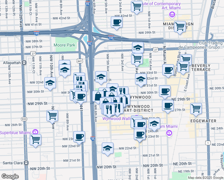 map of restaurants, bars, coffee shops, grocery stores, and more near 2952 Northwest 5 Avenue in Miami