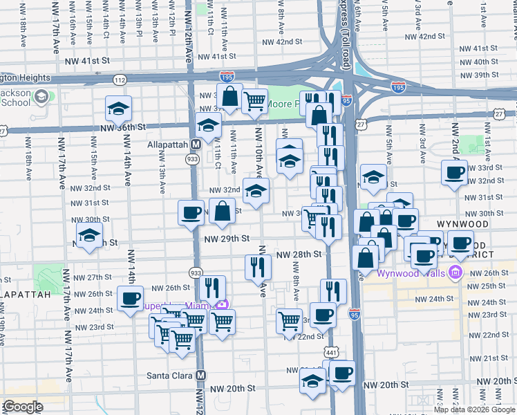 map of restaurants, bars, coffee shops, grocery stores, and more near 919 Northwest 29th Terrace in Miami