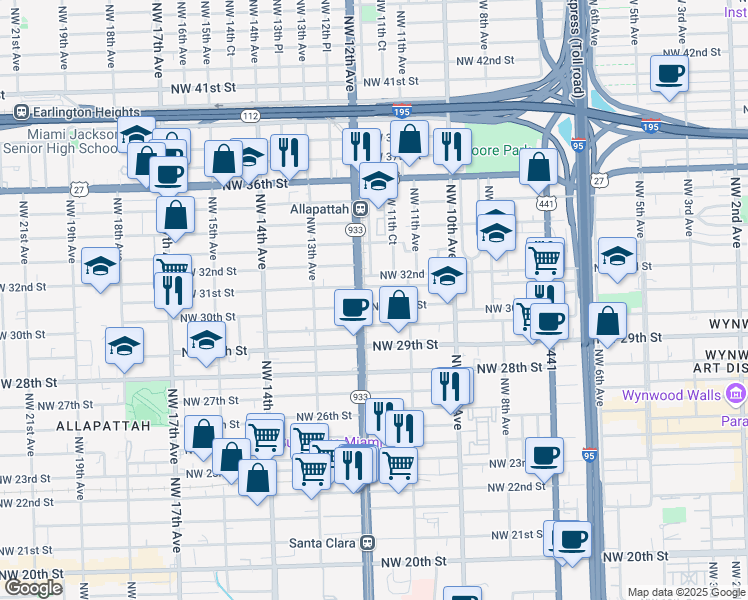 map of restaurants, bars, coffee shops, grocery stores, and more near 2960 Northwest 12th Avenue in Miami