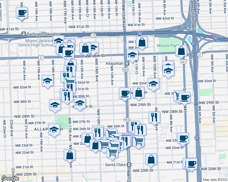 map of restaurants, bars, coffee shops, grocery stores, and more near 1286 Northwest 30th Street in Miami