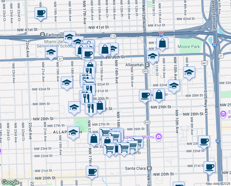 map of restaurants, bars, coffee shops, grocery stores, and more near 1410 Northwest 30th Street in Miami
