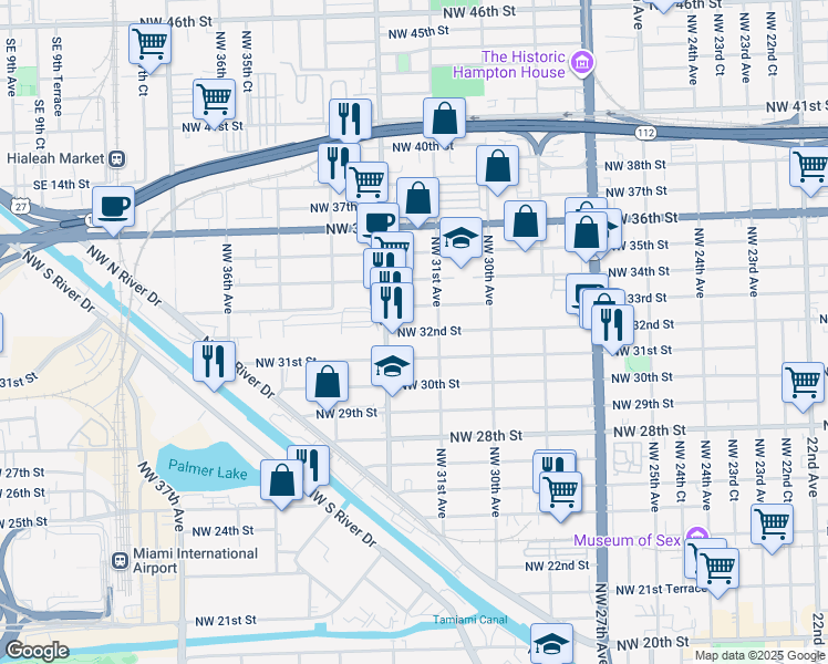 map of restaurants, bars, coffee shops, grocery stores, and more near 3135 Northwest 31st Street in Miami
