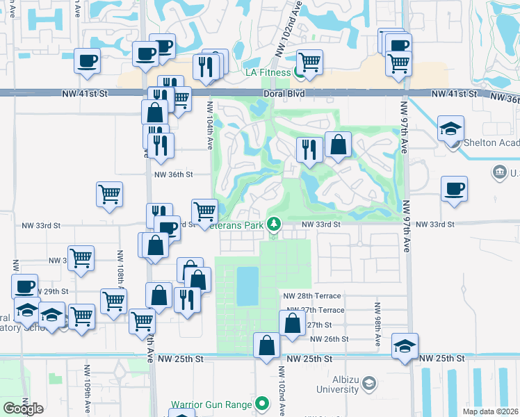 map of restaurants, bars, coffee shops, grocery stores, and more near 3309 Torremolinos Avenue in Doral